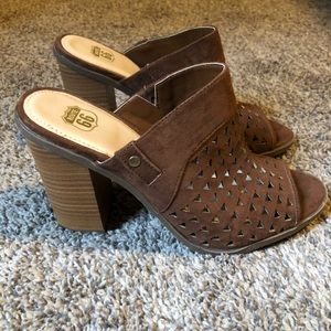 Brown open toe booties